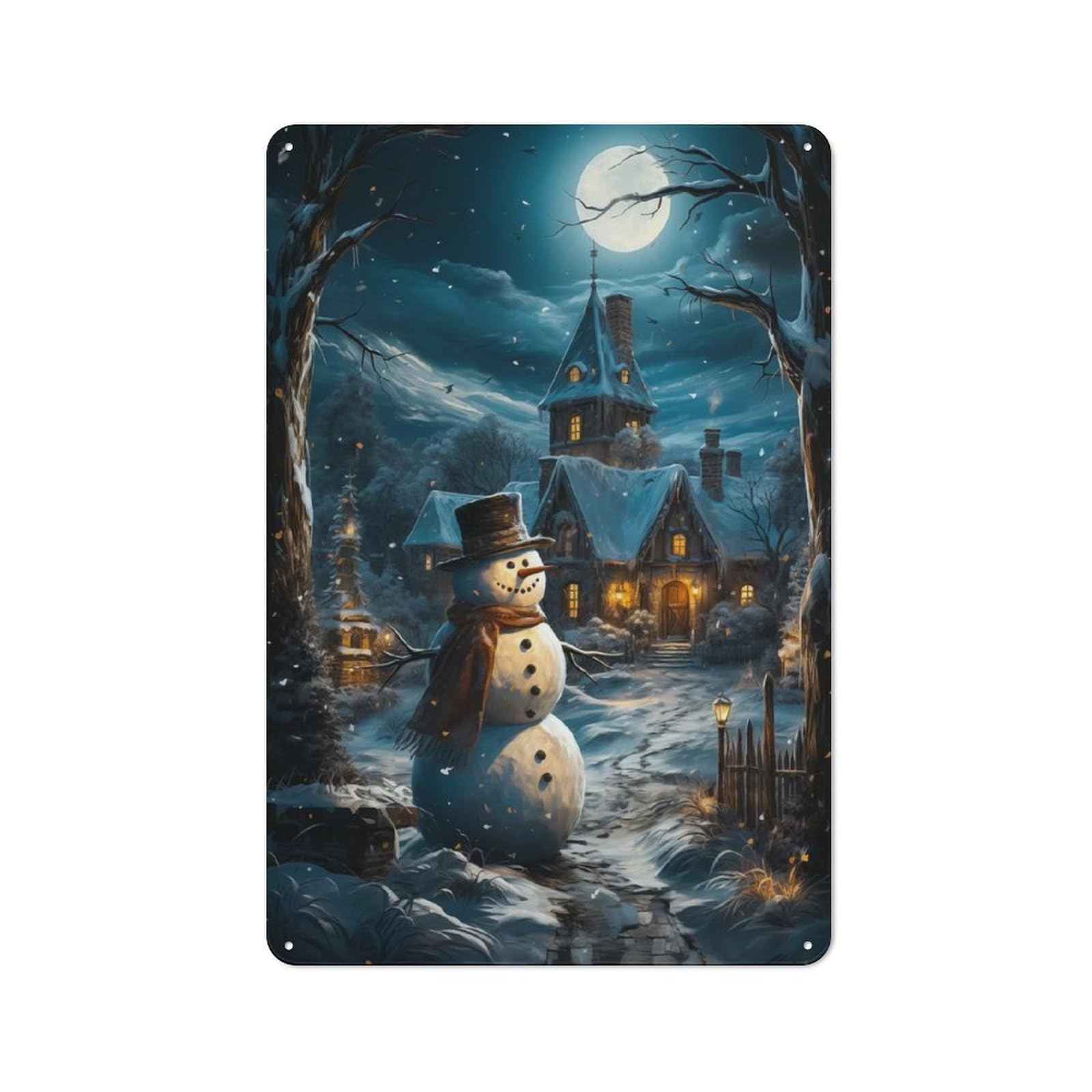 Tin Wall Plaque 30x20cm with Snowman at Night for Pub Or Café, with Clear Vintage Wall Decor Character