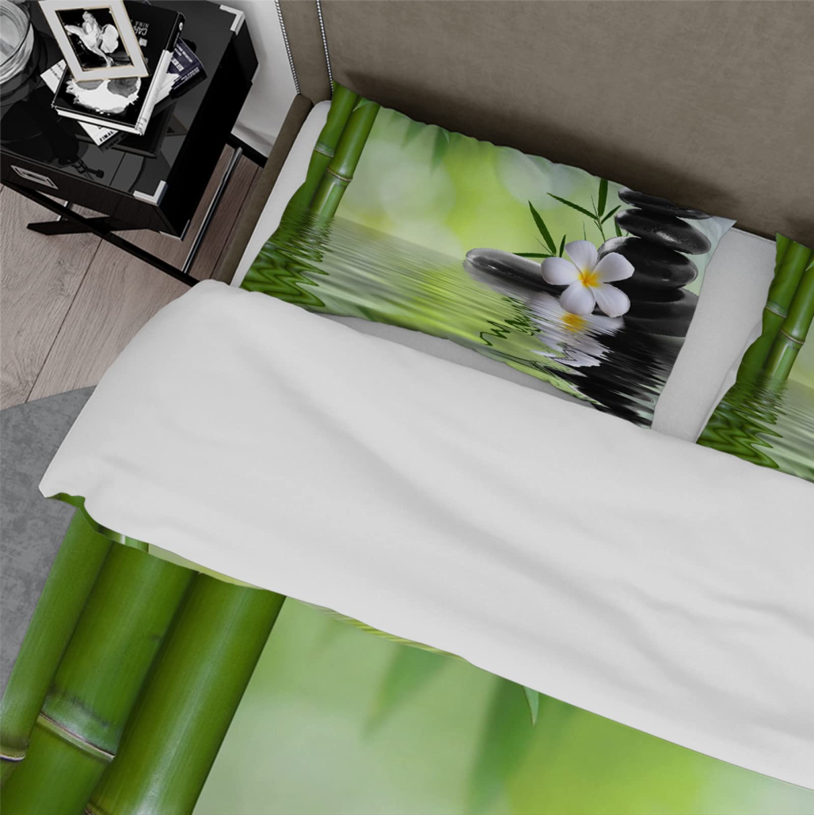 Zen Meditation komplet pościeli z zamkiem błyskawicznym, 2 poszewki na poduszki, 4 taśmy narożne, bez prześcieradła, odświeżający 3-częściowy zestaw pościeli, kolor zielony, 180 x 200 cm