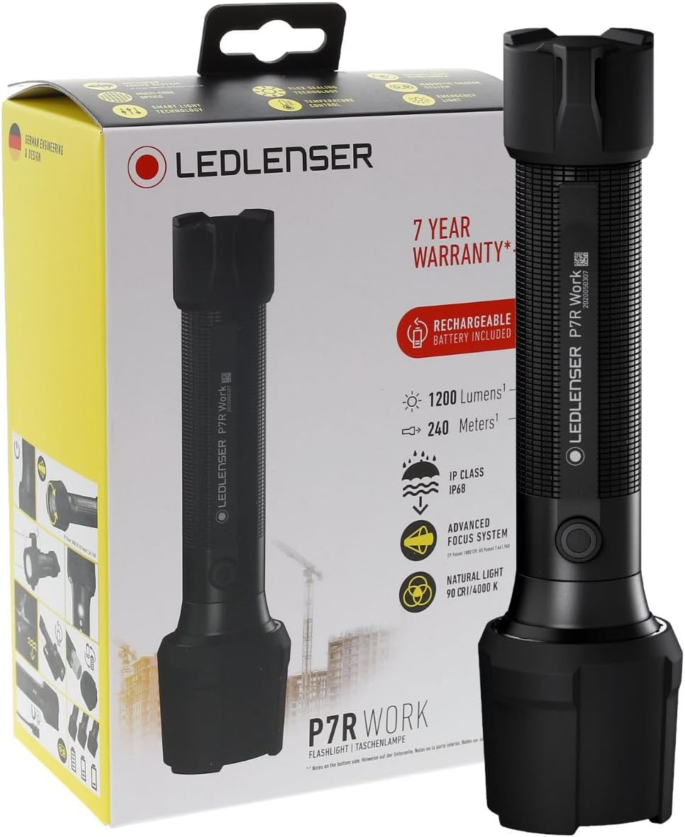 Ledlenser P7R Work Rechargeable LED Torch, Water Resistant (IP68) Super Bright 1200 Lumens