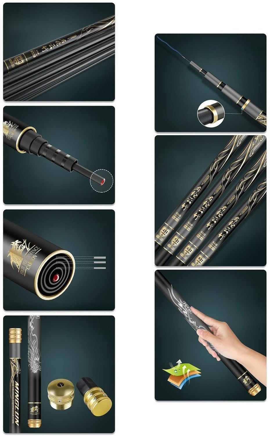 Canna da Pesca telescopica in Fibra di Carbonio – Canna da Carpa da 3,6 m a 8,1 m – Canna da Pesca a Mano per acque Dolci o salate(4H,4.5m)