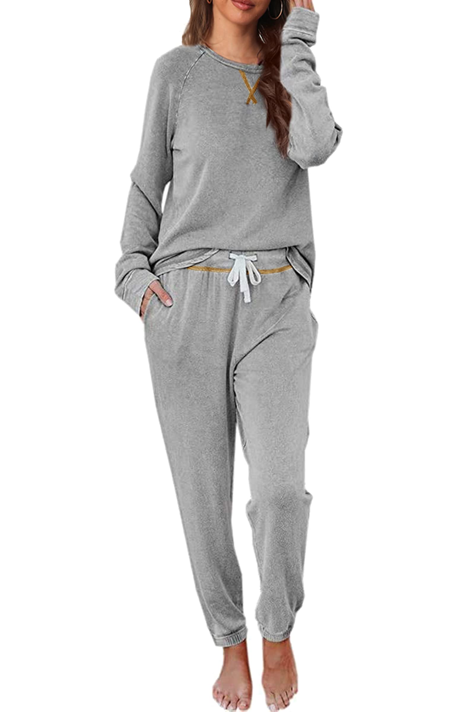 CysincosWomens Sweatsuits 2 Piece Outfit Sweatpants Loungewear Jogger Pajama Set Long Sleeve Pullover Drawstring Pants