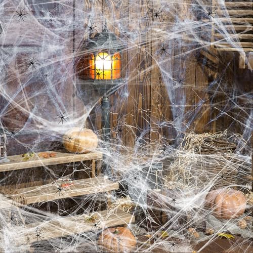 YORFULL Tecido de lustre decorativo de Halloween, 60 g com 8 aranhas de plástico, tecido de aranha elástico para decoração de Halloween, interior e exterior, decoração de casa encantada, jardim, festa