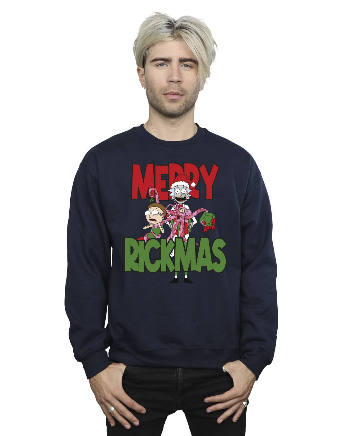 Absolute Cult Rick And Morty Men's Merry Rickmas Sweatshirt Navy Blue Medium