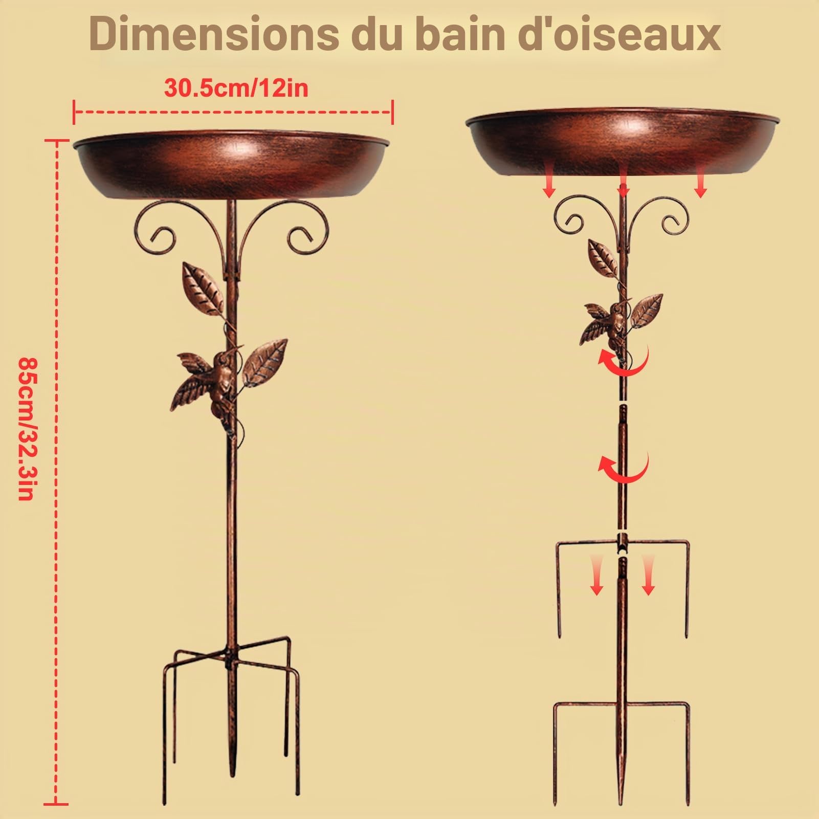 35 pouces Abreuvoir pour oiseaux debout, bain d'oiseaux pour le jardin, bain d'oiseaux en métal vintage autoportant avec base stable à 5 branches, abreuvoir pour oiseaux grand résistant au