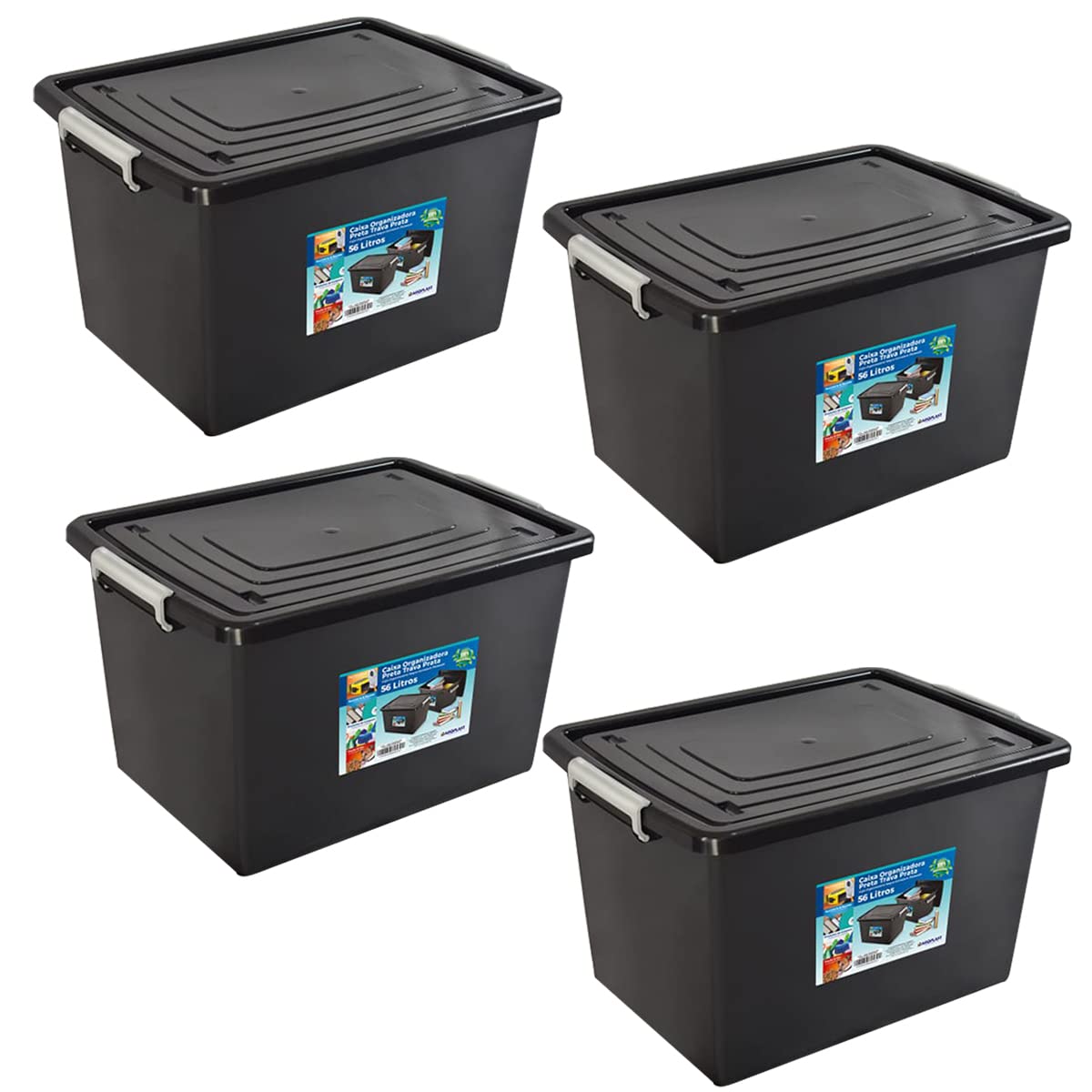 Kit 4 Caixas Organizadoras 56 Litros C/Tampa e Trava Preta 25793PM