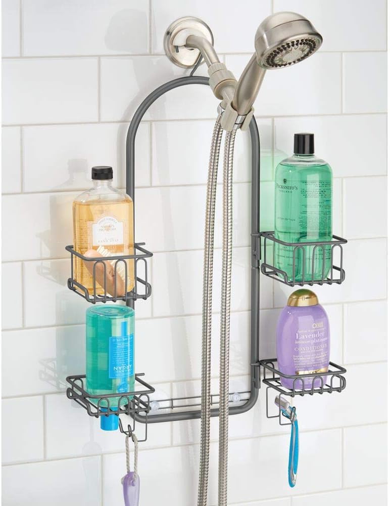mDesign Modern Metal Hanging Bath and Shower Caddy Organizer for Hand Held Shower Head and Hose - Storage for Shampoo, Conditioner, Hand Soap - 4 Swivel Shelf Format - Graphite Gray