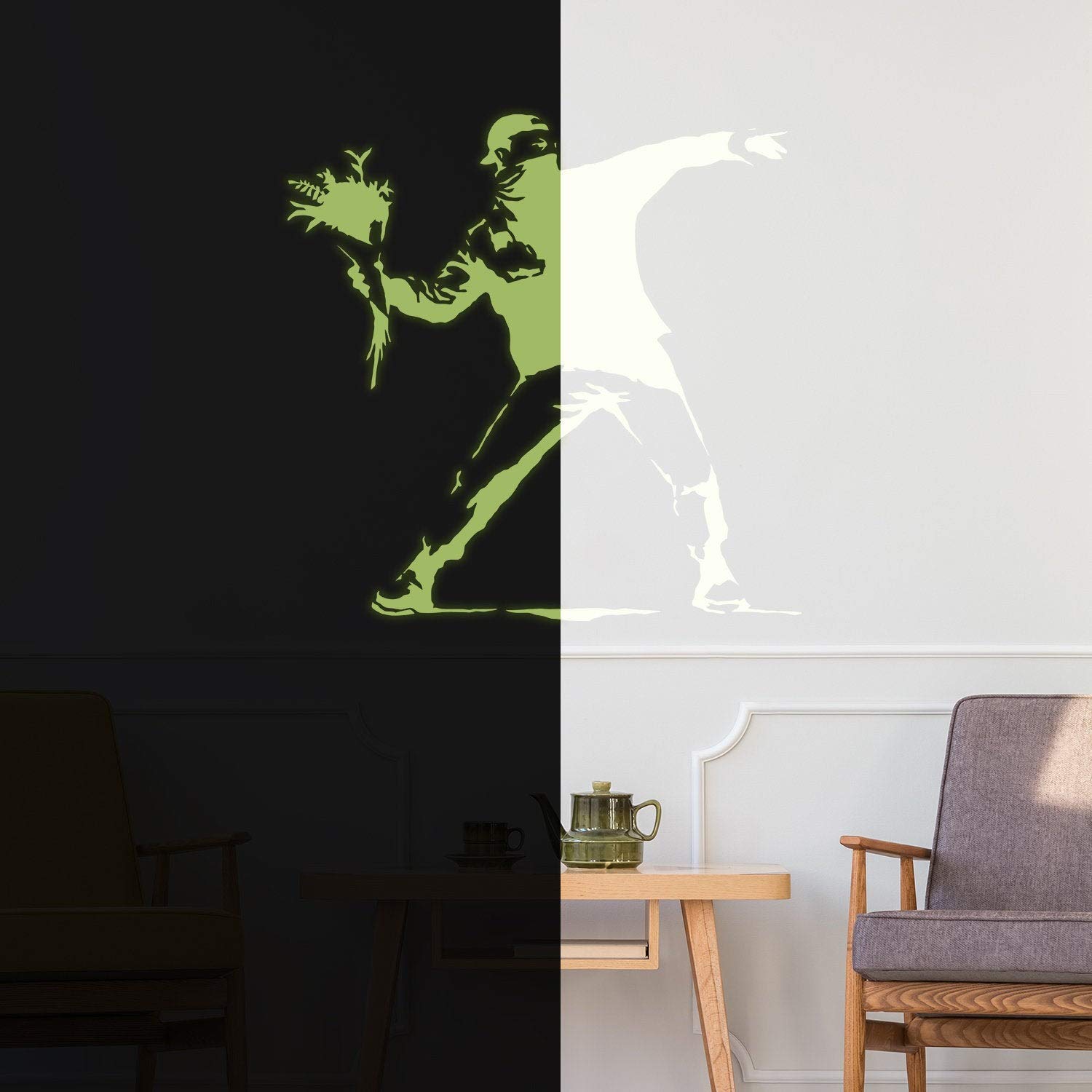 Glow In The Dark Wand Vinyl Sticker Art - Leuchtstoff Neon Nachtleuchtend Licht Aufkleber Kinderzimmer Stick - Banksy Flower Throw Me Wandaufkleber