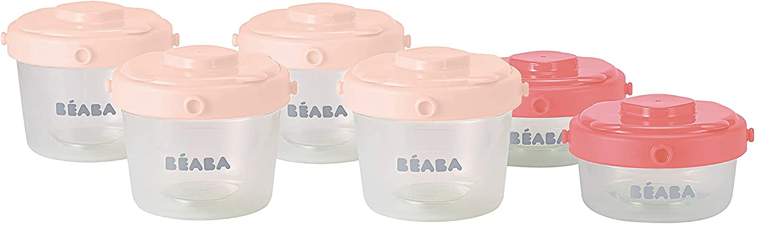 BÉABA - Set of 6 Baby Food Storage Container - Stackable and Clippable pots - 100 Percent Airtight with Measurement indication - Freezer Safe - 2 x 60 ml + 4 x 120 ml - Pink