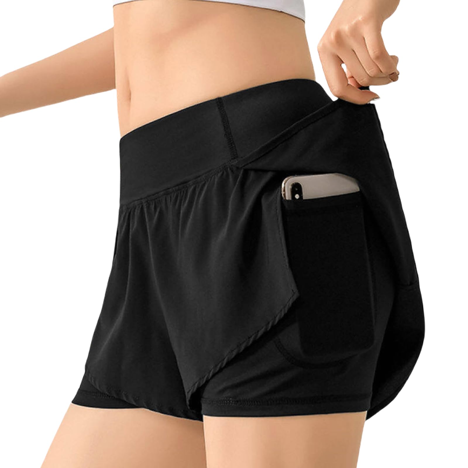 Pantaloncini da corsa 2 in 1 da donna con tasche, doppio strato, ad asciugatura rapida, elasticizzati, per sport, allenamento, jogging, palestra