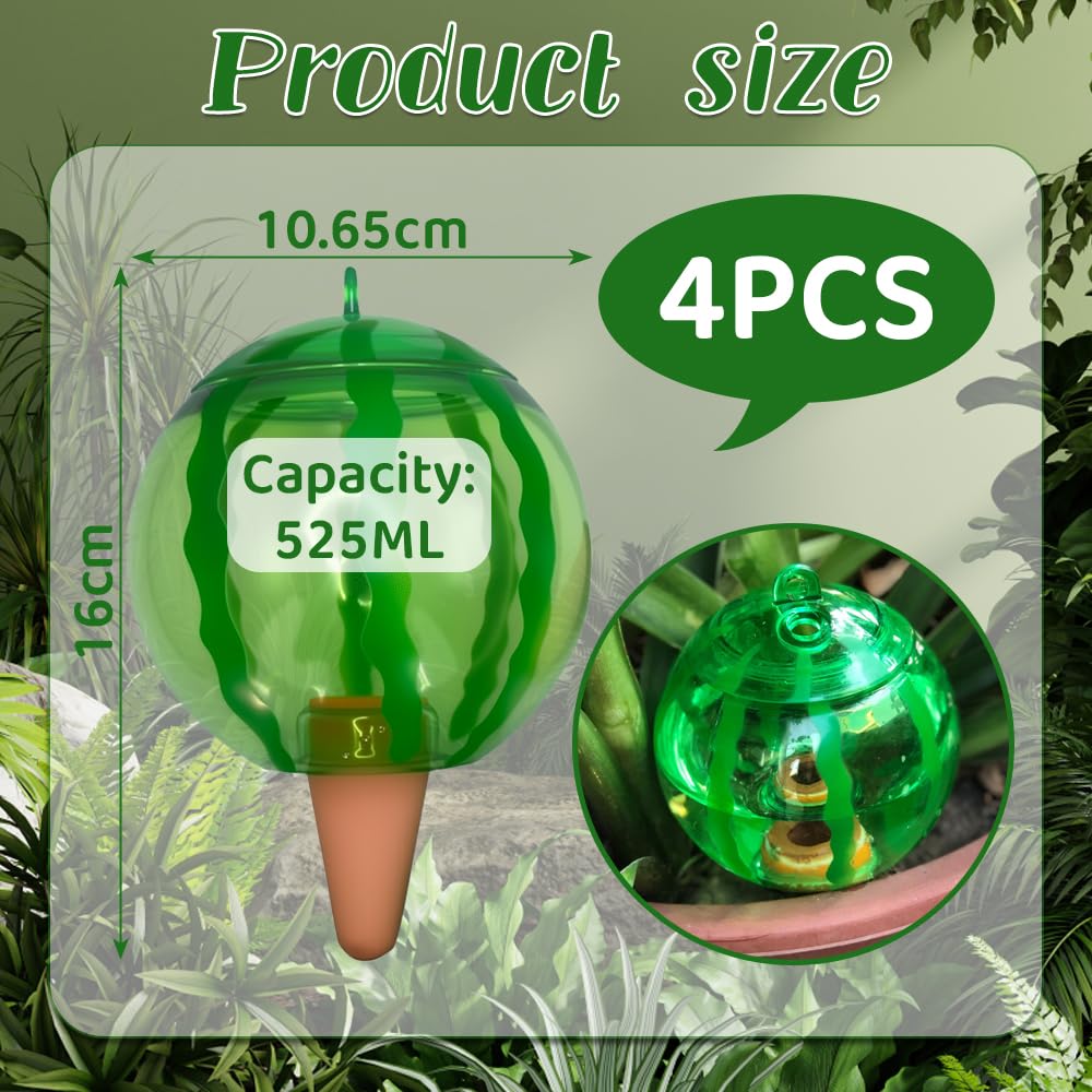 4 Pieza Riego automatico macetas, Regar Plantas Vacaciones, Diseño con Forma de sandíao, Bola de riego para Plantas Apta para Varias macetas (1Pieza x 500 ml)