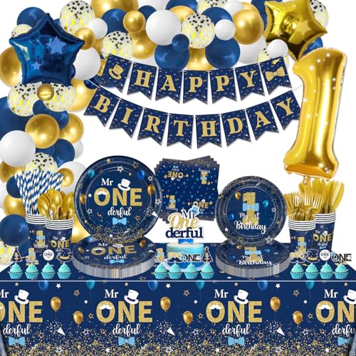 Mr Onederful 232 PCS Blue Gold Birthday Decorations - Plates, Napkins, Cups, Balloons, Banner, Cake Topper, Tablecloth for Baby Shower, 1st Birthday Boy, Serves 20