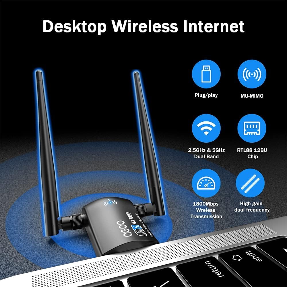 WiFi Adapter for Desktop PC：USB 3.0 AX1800 WiFi 6 Dongle 5Ghz/2.4Ghz Dual Band 5dBi High Gain Dual Antennas 802.11ax MU-MIMO Wireless Network Receive for Laptop Computer Supports Windows 11/10