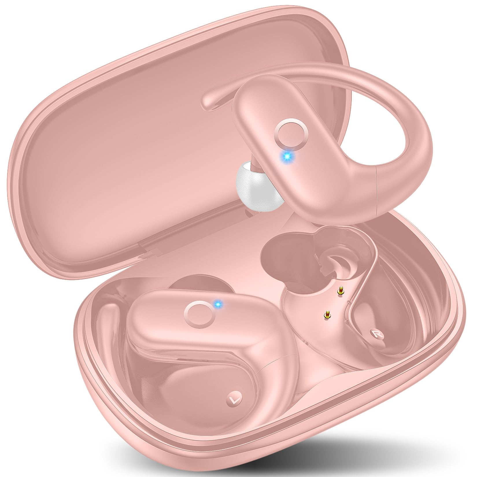 kurdene Wireless Earbuds Bluetooth Headphones Sport,Over Ear Buds with Deep Bass Sound,60Hrs Playtime Earphones Redesigned Comfort Fit with Earhooks for Running,Meeting,Workout-Pink