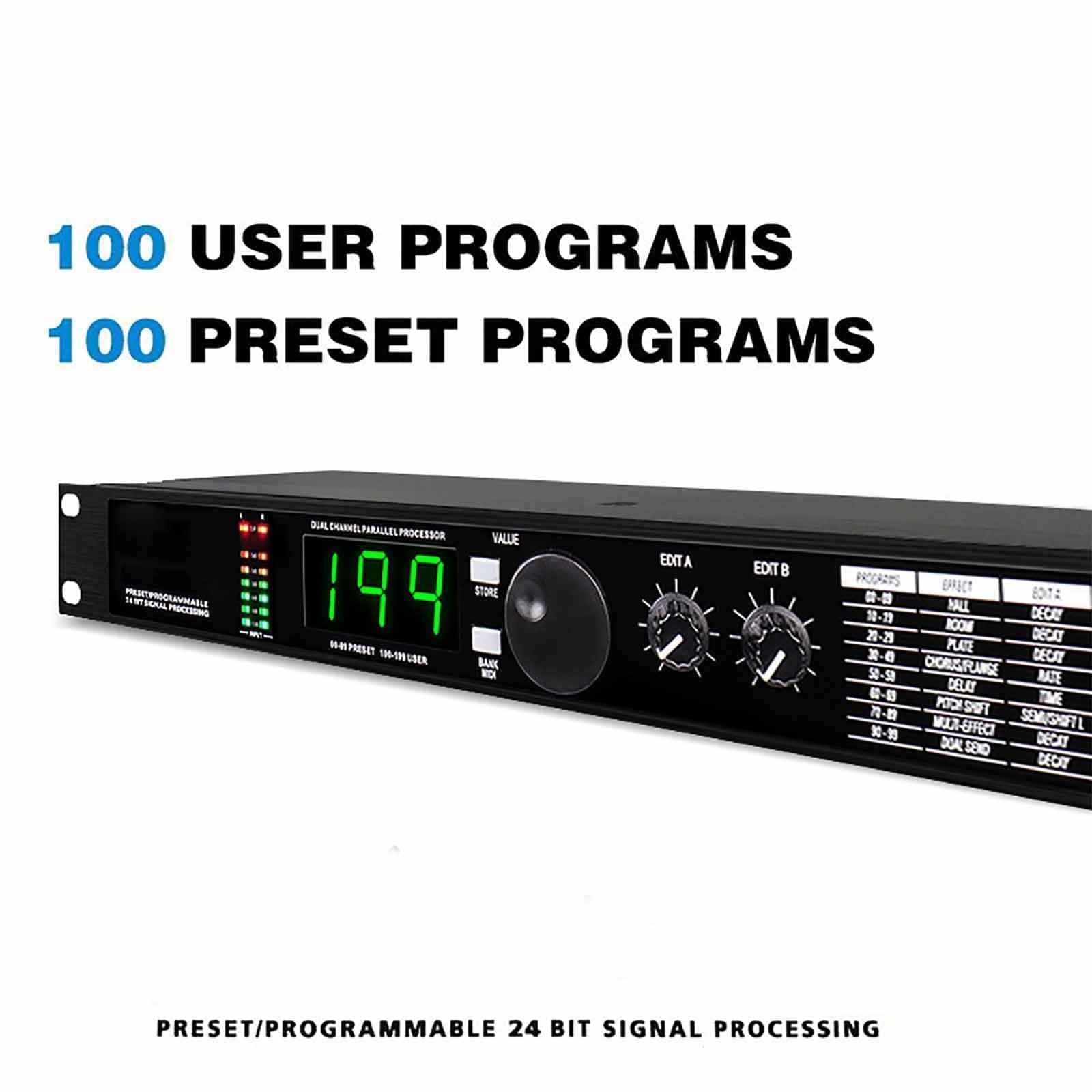 Professioneller Audio-Prozessor-Equalizer – 24-Bit Digital Reverb DSP mit 99 Voreinstellungen und 199 Soundeffekten