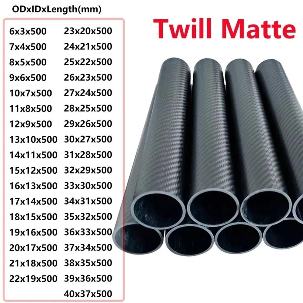 Lot de 2 tubes droits en fibre sergée mate de 500 mm, épaisseur de paroi de 1,5 mm, tube en carbone 3K résistant au vieillissement(12x9mm)