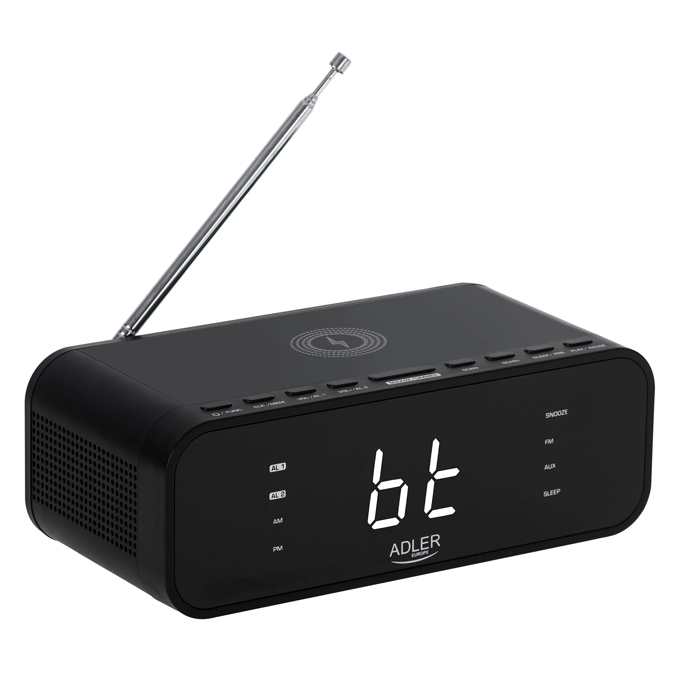 ADLER AD 1192B Radiowecker mit kabellosem Ladegerät Bluetooth 5.0 UKW-Radio 30 Sender Speicher Digitaler Wecker AUX-Eingang Snooze-Funktion Teleskopantenne (Schwarz)