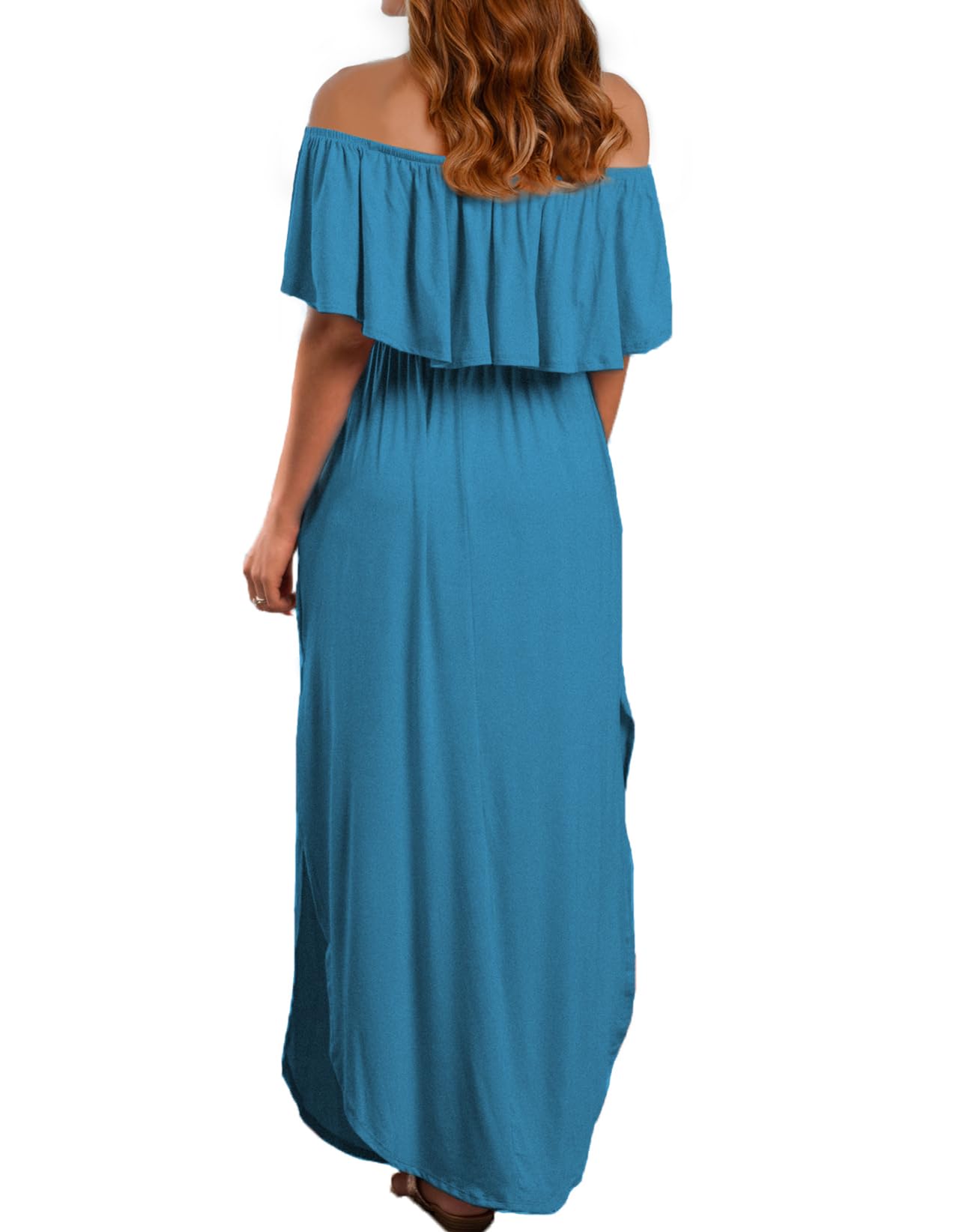 VERABENDI Maxi abito da donna con spalle scoperte, estivo, casual, lungo, volant, spiaggia, con tasche
