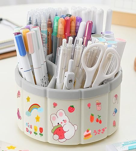 Kawaii - Soporte giratorio para bolígrafo con calcomanías para 6 rejillas bonito organizador estético de papelería para escritorio adolescentes