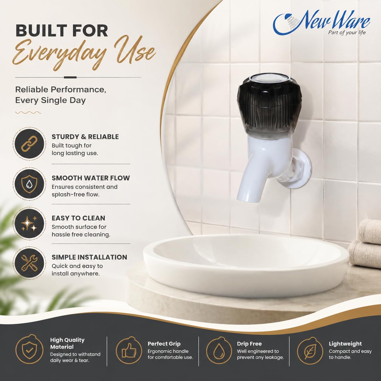 NEW WARE® PVC Water Tap White Cock for Wash Basin, Kitchen Sink, Bathroom & Toilet | Heavy Duty Plastic Bib Tap Faucet | Leak Proof Quarter Turn Water Tap for Home, Garden & Utility Area | White 3
