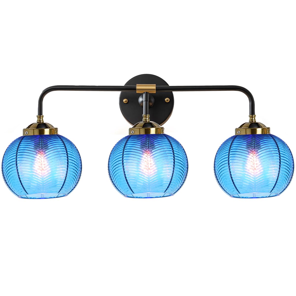 Vanity Lights for Bathroom,Mid Century Vanity Light Black Sconce Blue Bathroom Light Fixture Over Mirror Ribbed Glass Globe Shade Art Deco Vanity Lights Modern Wall Sconce 3-Lights