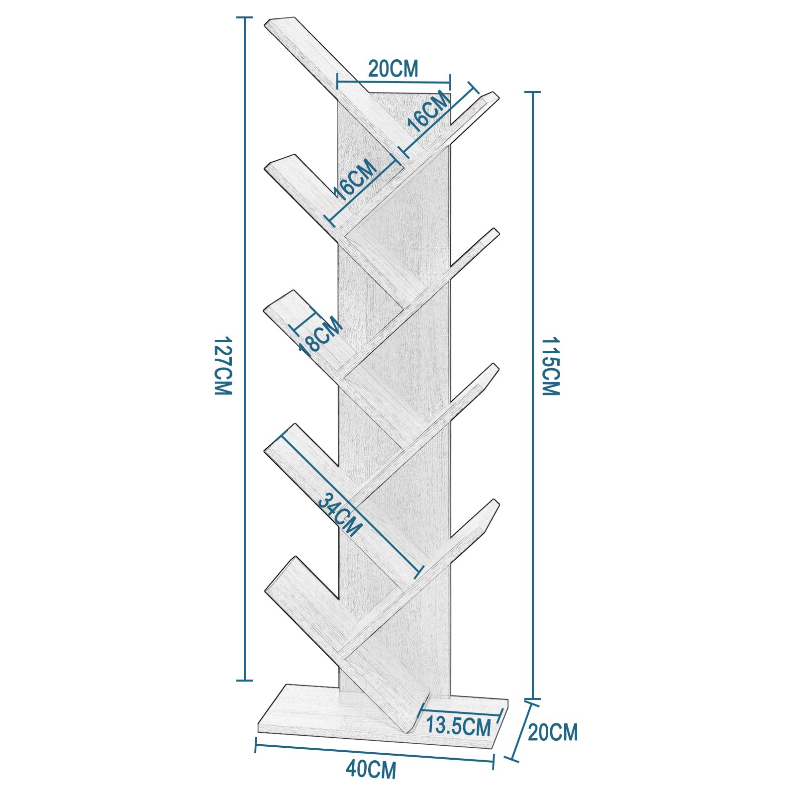 EUGAD Estantería para Libros Librería de Árbol de Almacenamiento de Oficina Estante Soporte de CD DVD con 8 Niveles, 40x20x127cm, Roble Claro
