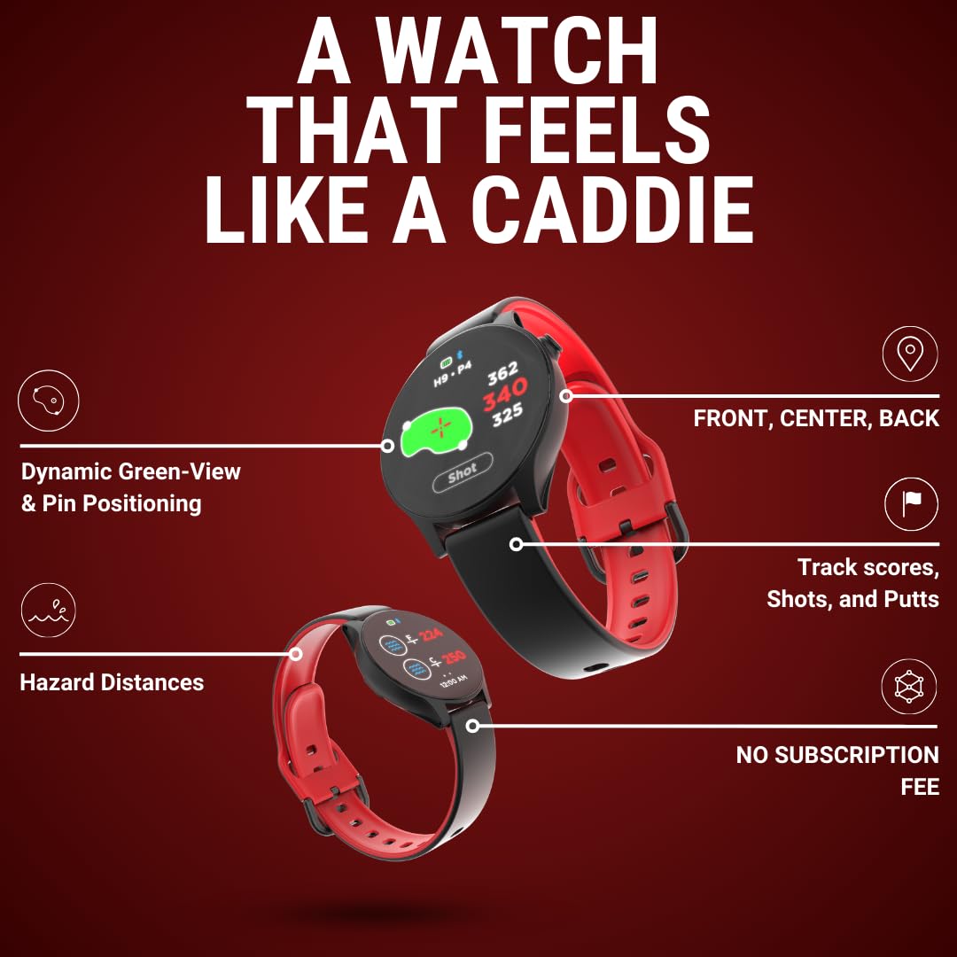Rad Watch+ Montre GPS de golf avec suivi de tir, vue verte, positionnement dynamique des broches, étanchéité IPX7 et plus de 40 000 parcours
