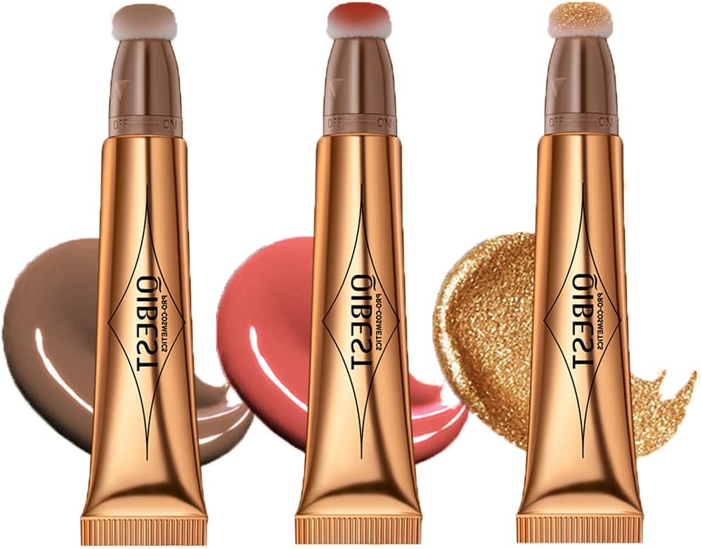 Pakivs3 Pcs Cream Contour Sticks with Cushion Applicator,Shades with Highlighter & Blush Pen,Waterproof Easy to Create 3D Face Makeup