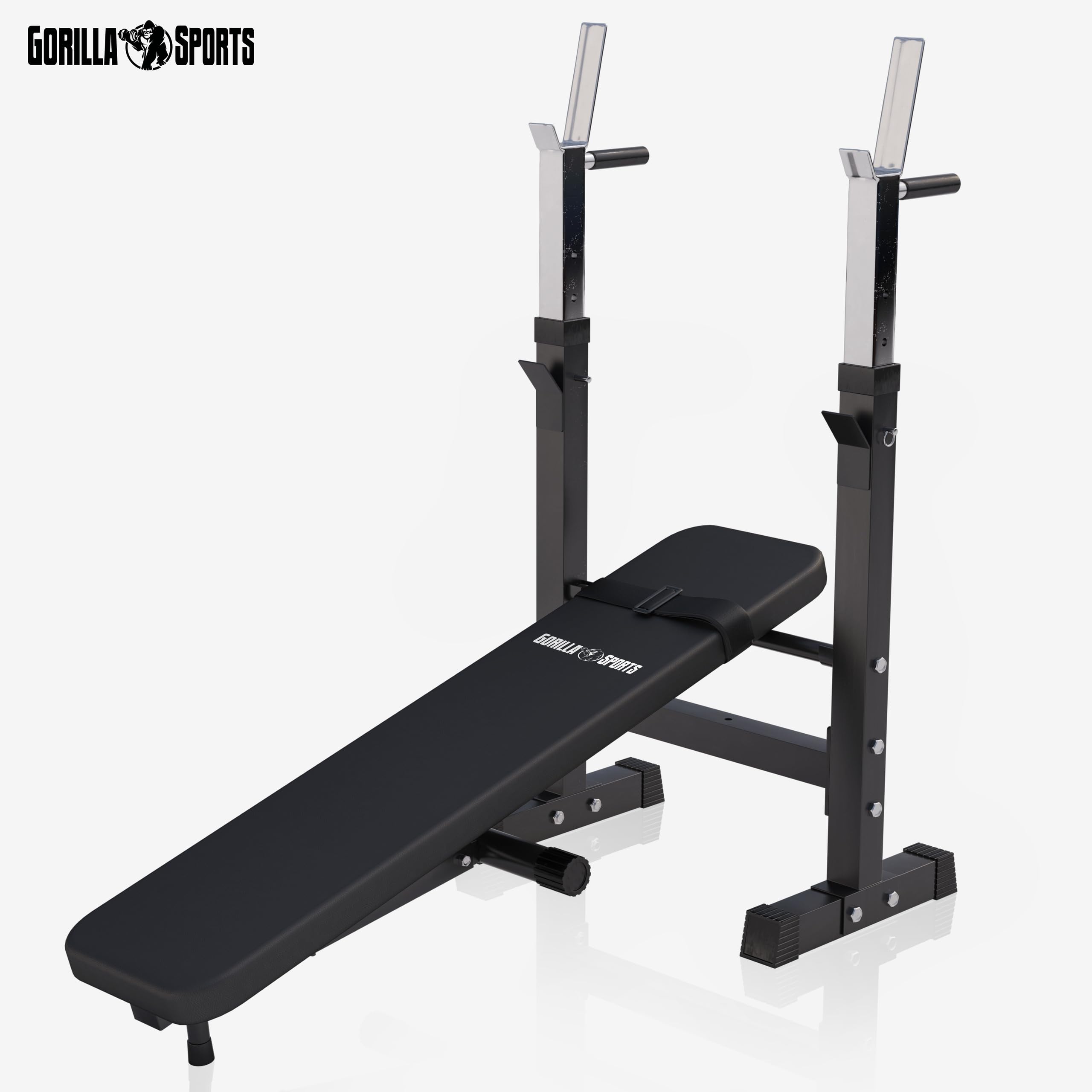 GORILLA SPORTS® Banc de Musculation - avec Support de Barres, Réglable, Multifonction, Pliable, Inclinable, Charge Max. 200kg, Noir/Blanc - Banc d'Haltérophilie, Banc de Poids, Entraînement, Fitness