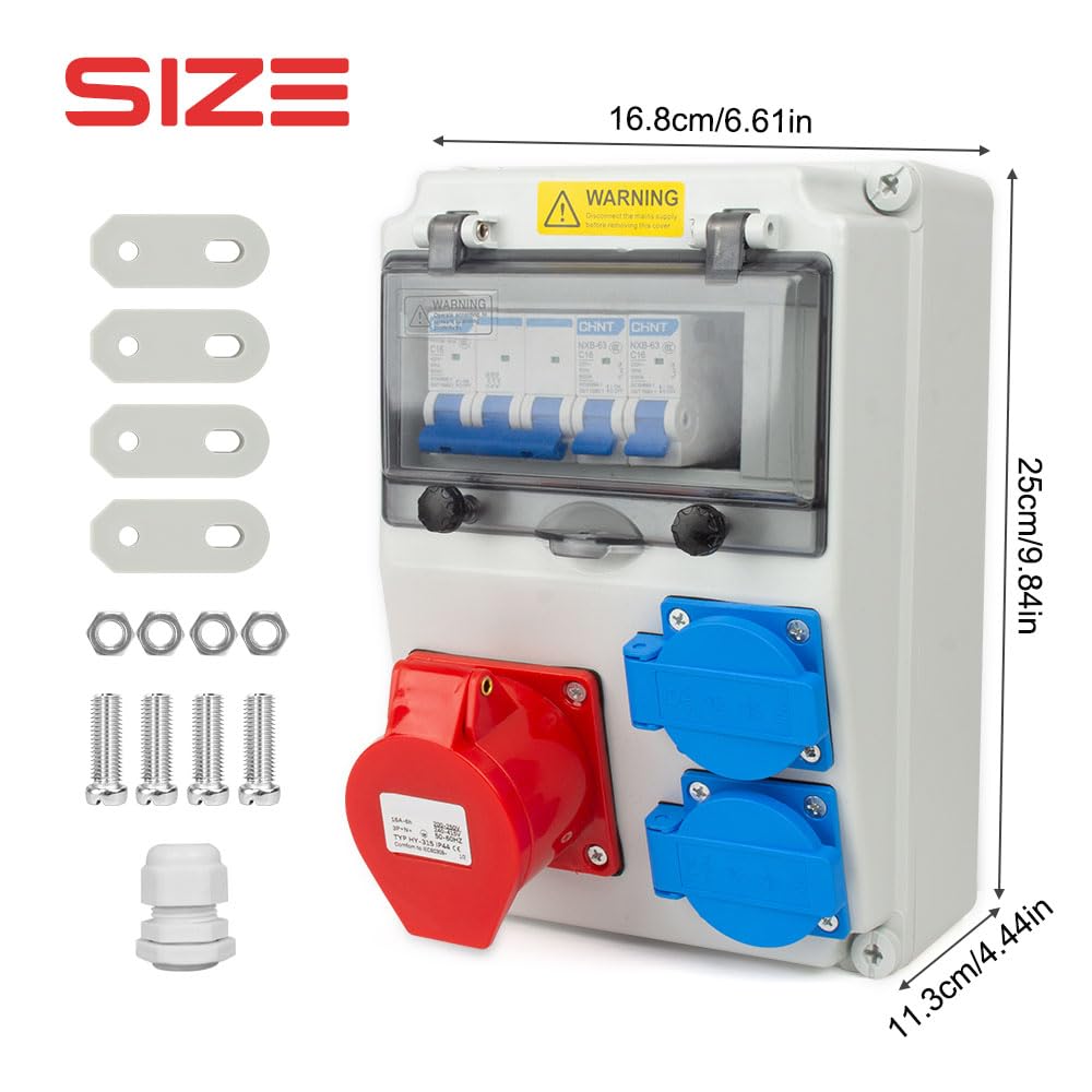 Distributore di Corrente 230 V, Copri Quadro Elettrico con Prese 2x230V e 1xCEE 16A Cablate, Quadro Elettrico da Cantiere IP44 con Interruttore Ls, Distributore Quadri Elettrici