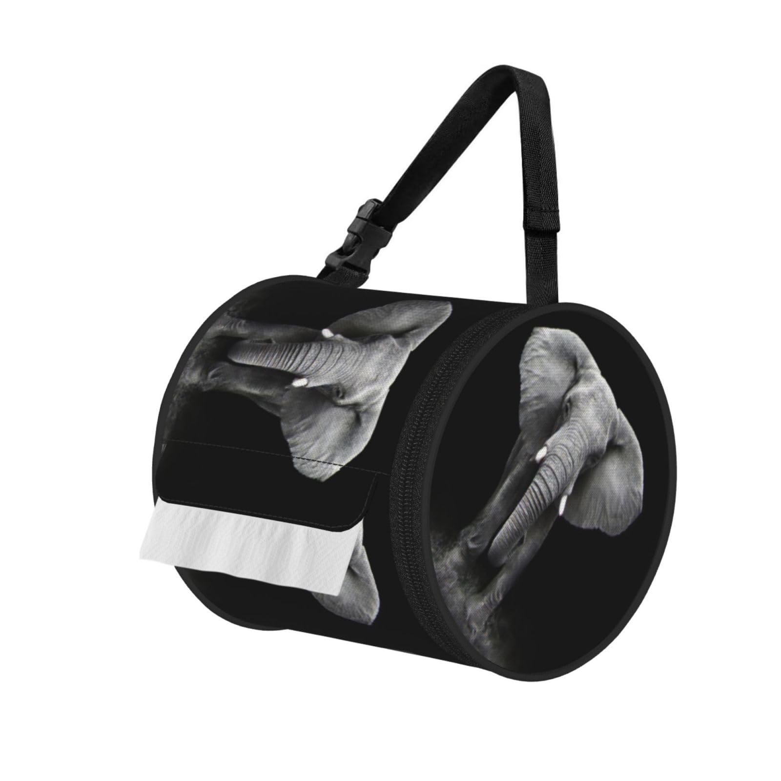 Jiuty Black 3D Gray Elephant Print Cylinder Tissue Organizer Bag With Strap, Portable Toilet Roll Holder For Camping Car