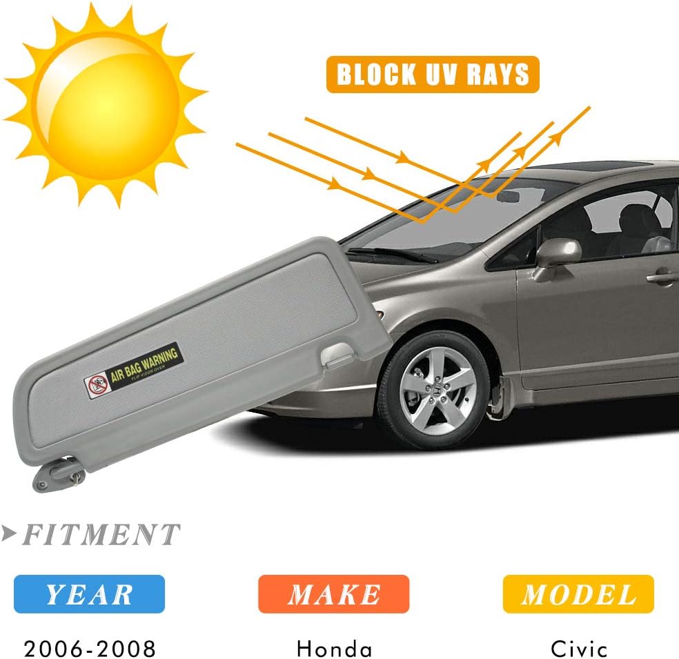 Left Driver Side Sun Visor Replacement for 2006 2007 2008 2009 2010 2011 Honda Civic EX LX Sedan SI Coupe 83280-SNA-A01ZA Sun Visor Assembly (Clear Gray)