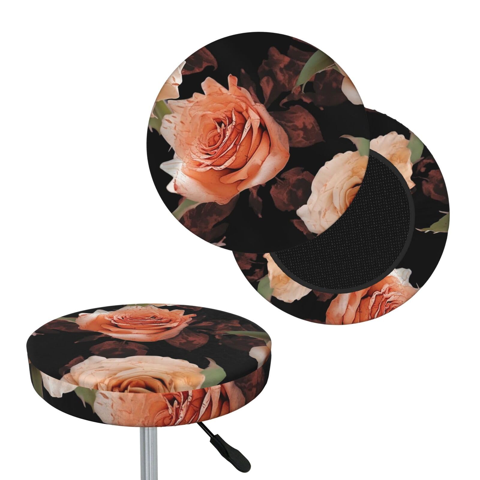 NONHAI Black Peach Rose Bar Stool Cover Round Elastic Stool Cushion Covers Dustproof Bar Chair Cover Washable Stool Cushion Slipcover Stretch Stool Seat Covers for 12-14 Inch Chair
