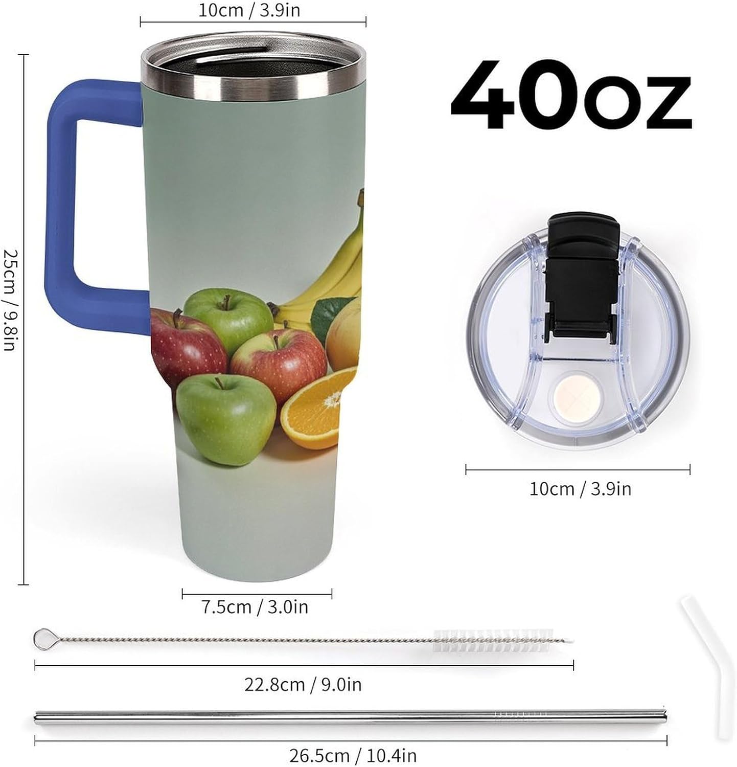 Fruits Tumbler 40 Oz with Handle&Lid Large Car Cup Stainless Steel Vacuum Travel Mug Insulated Water Bottle Leak-proof Portable Coffee Cup for Home Car Outdoor