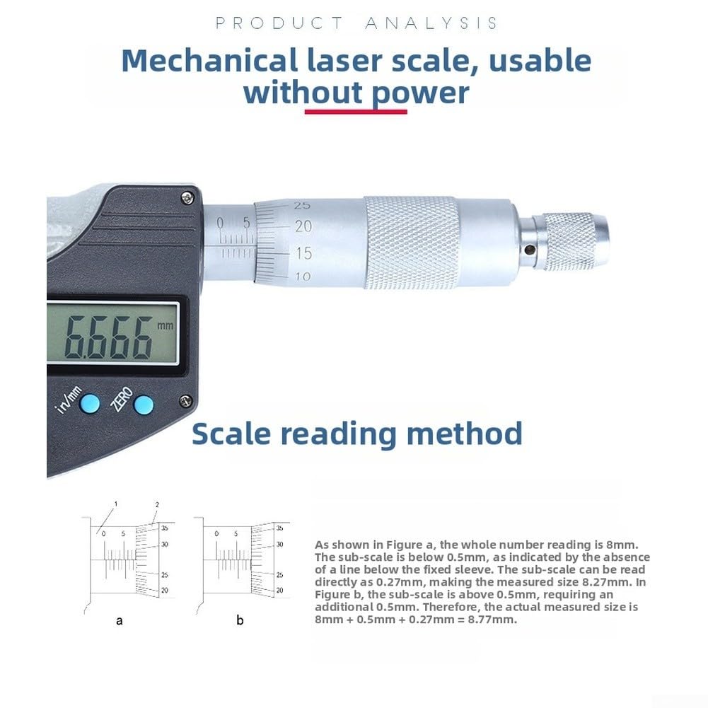 Micrómetro electrónico con pantalla digital de 0.001 mm de pulgada mm, conversión resistente al desgaste, caras de carburo, escala mecánica, respaldo plateado (50-75 mm)