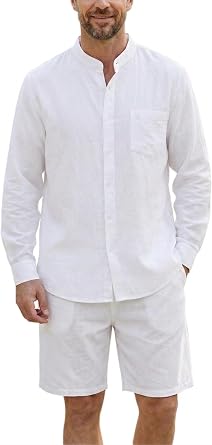 Mens Summer Beach Outfits 2 Piece Cotton Linen Long Sleeve Button Down Band Collar Shirts and Shorts