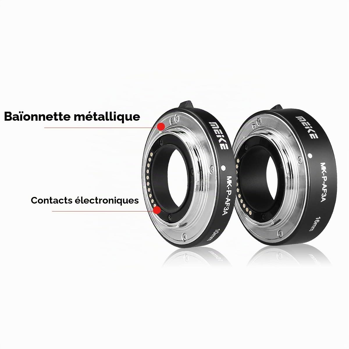 Meike MK-P-AF3A Tube d'extension de mise au point automatique en métal pour objectifs d'appareil photo Olympus Panasonic Micro Four Thirds M4/3 10 mm 16 mm