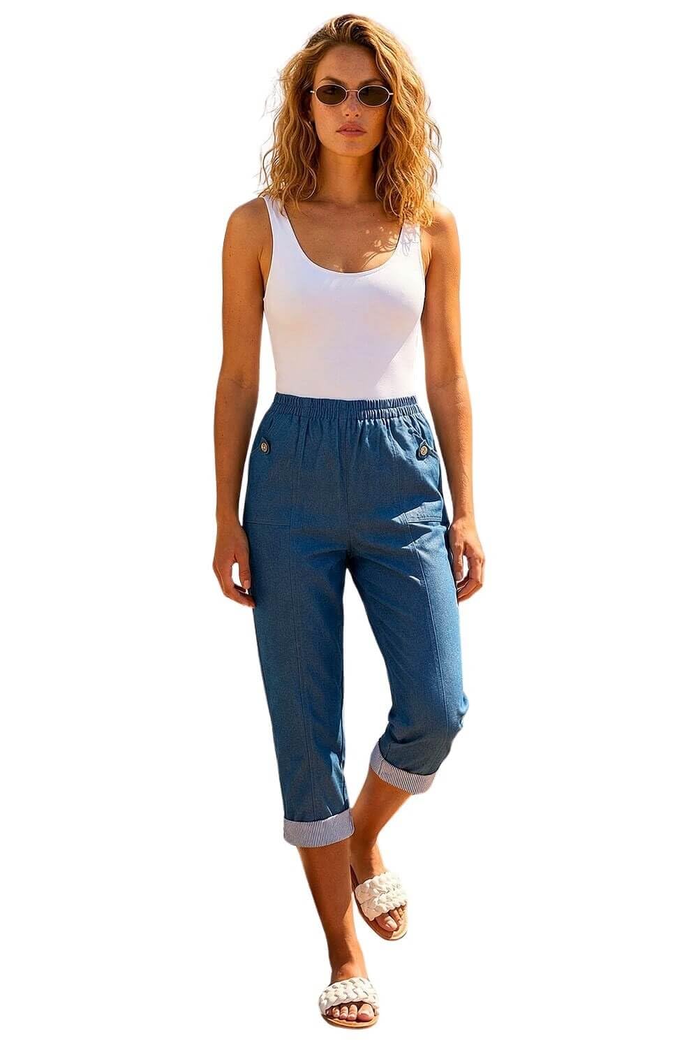 Roman Women's Mid Blue Contrast Detail Cropped Stretch Trousers In Size 10
