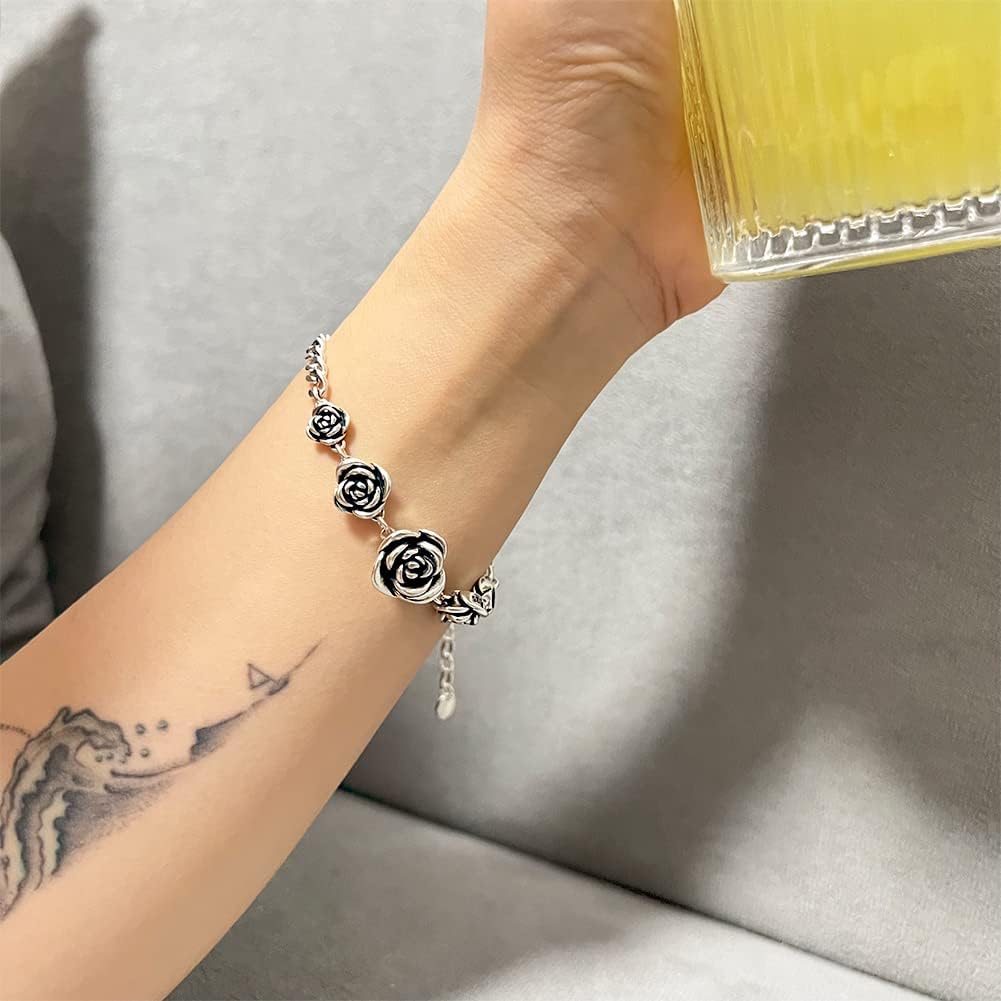 Vintage Rose Flower Link Chain Bracelet Sterling Silver Women Bracelet Stainless Steel Rose Bracelet Jewelry
