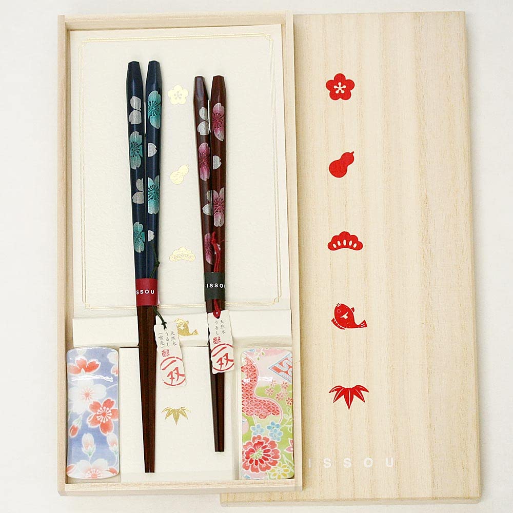 Echizen Lacquerware Sajibee Couples Chopsticks, Cherry Blossoms, Chopsticks Rest Set, Includes Paulownia Box, Blue 9.1 inches (230 mm), Red 8.3 inches (210 mm), One Pair of Celebrations, Gift Names, :