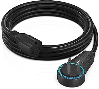 Maximm Cable 6 Feet 360° Rotating Flat Plug Extension Cord/Wire, 3 Prong Grounded Wire 16 Awg Power Cord - Black