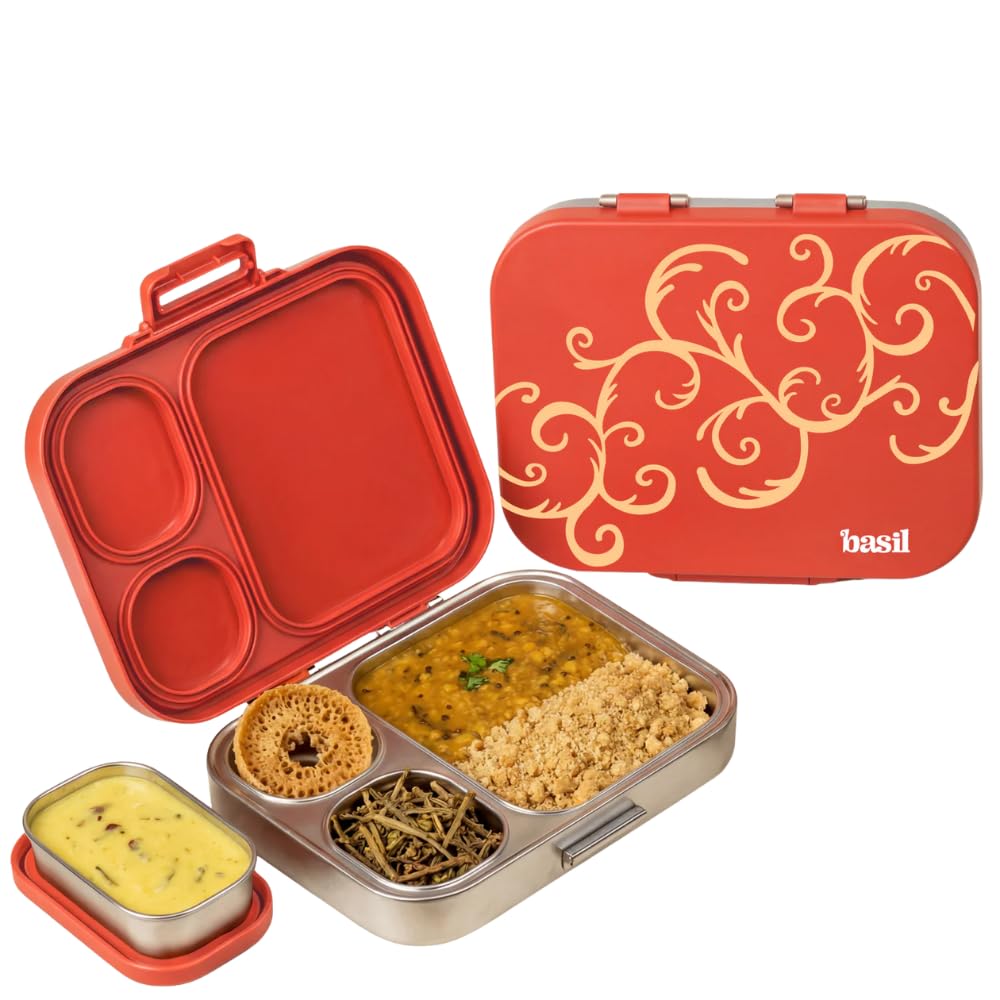 Basil Bento Box Quad Plus – 4 Compartment Stainless Steel Lunch Box (1020ml) with BPA-Free Lid | Leak-Proof Tiffin for Kids & Adults | Premium Lunch Box for School, Office & Picnic – Jaipur Jaali