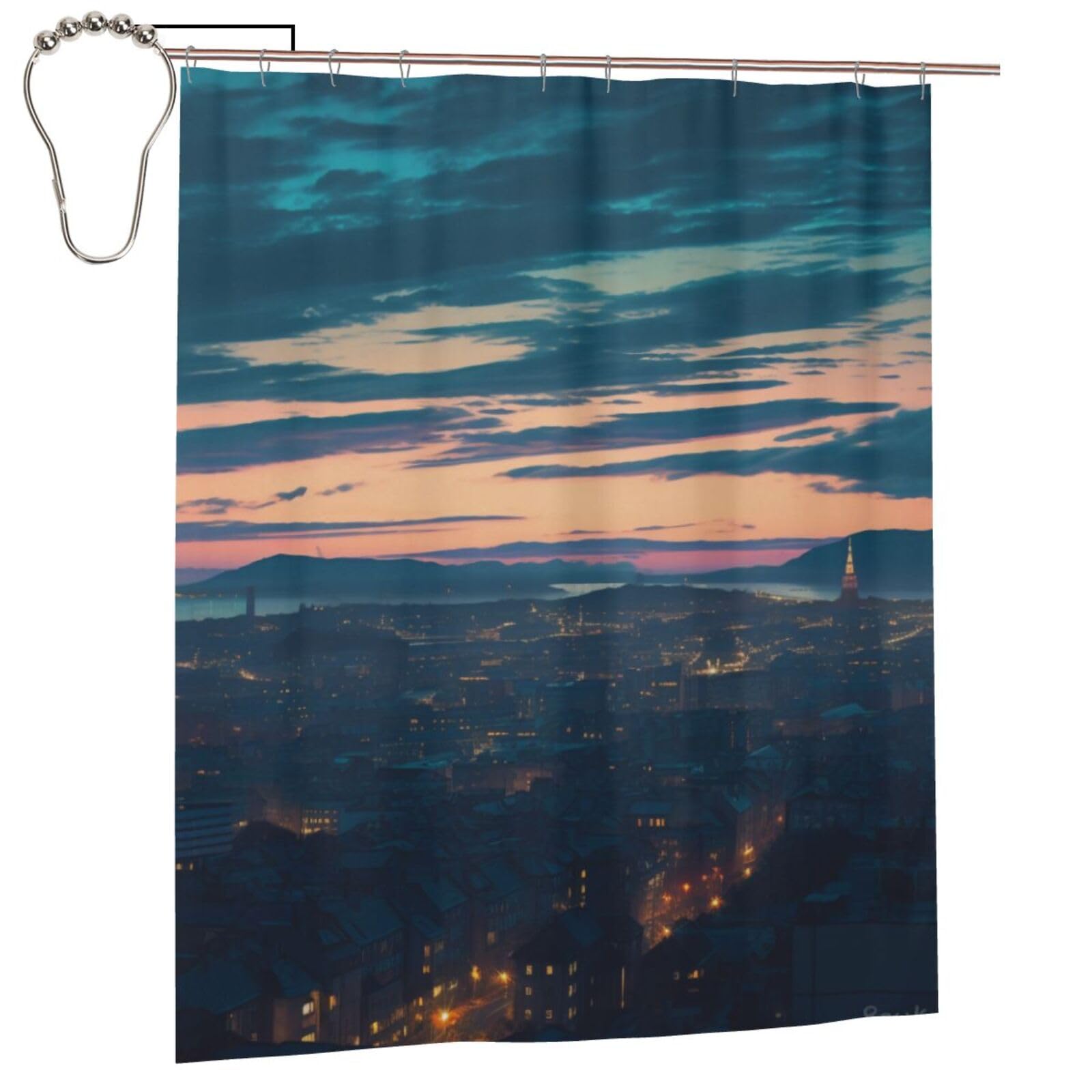 BWWHCCTI Cityscape Dusk Printed Shower Curtain With 12 Iron Hooks Opaque Quick Drying Waterproof Shower Curtains Sets For Bathroom 152x183 Cm