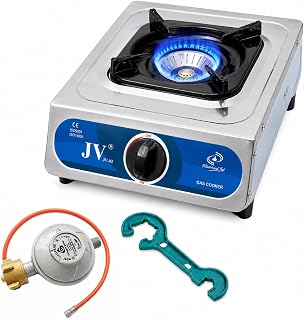 JV Gaskocher Camping 1-flammig, 5 kW, Edelstahl, mit Zündsicherung | Campingkocher für Gasflasche, hochwertiger Wokbrenner, Piezozündung, Gasschlauch, Outdoor Gasdruckregler, Garten & Festival