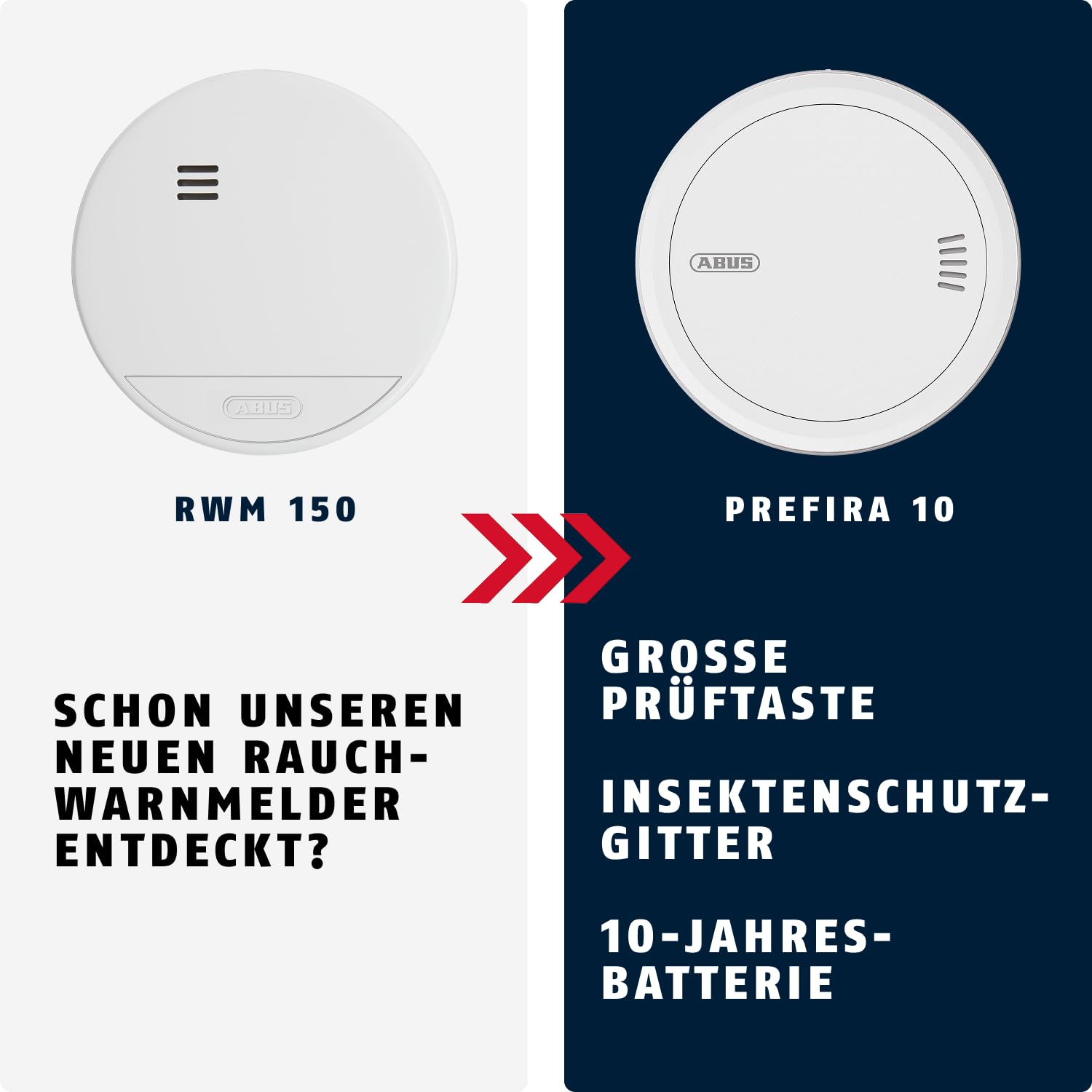 ABUS Rauchmelder RWM150 - langlebige 10-Jahres-Batterie - für Wohnräume und VDs geprüft nach DIN EN 14604-85 dB lauter Alarm - Weiß