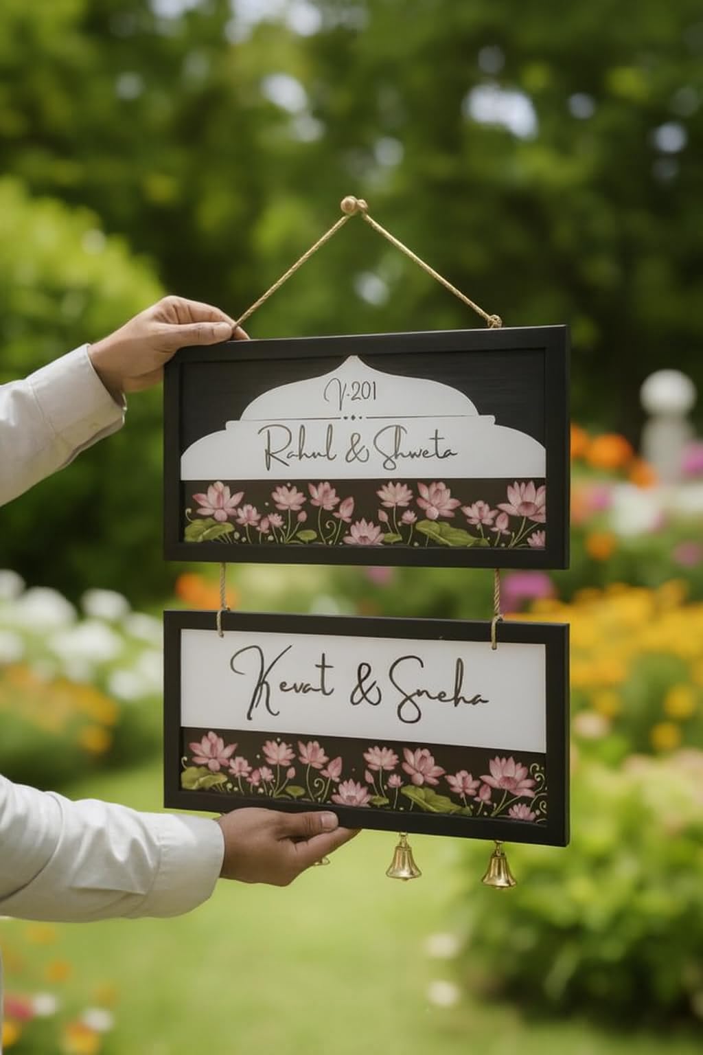 Webelkart Customized Wooden Couple Name Plate For Home Entrance outdoor With Bells | Handcrafted Floral Wooden Name Board for Home Decor | Perfect Wedding, Anniversary & Housewarming Gift - 17 Inches (Lotus Flower) — Amazon image 3