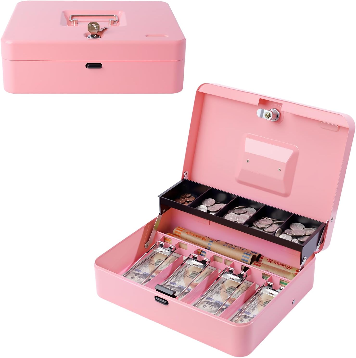 Caja de efectivo con bandeja de dinero y llave superior y cerradura de botón, caja de bloqueo de ahorro de dinero, caja de bloqueo segura para caja