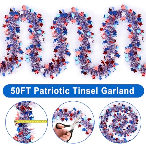 Image of 50FT 4th of July Patriotic Decor Tinsel Garland Decorations, Red White and Blue Star Garlands for Memorial Day Decor Fourth of July Independence Day Indoor Outdoor Yard Home Party Decor Supplies