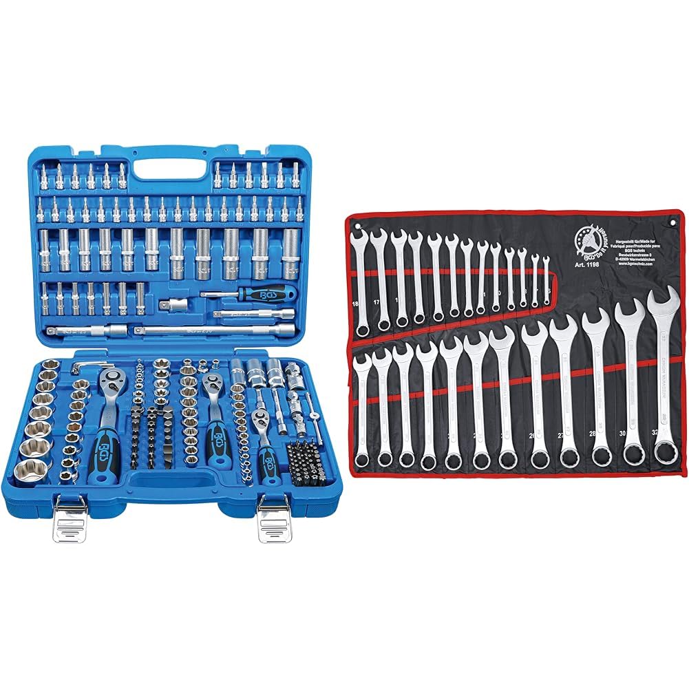 BGS 2292 | Steckschlüssel-Satz Wellenprofil | 192-tlg | Antrieb 6,3 mm / 10 mm / 12,5 mm & Kraftmann 1198 | Maul-Ringschlüssel-Satz | 25-tlg | SW 6 - 32 mm, inkl Tetron-Rolltasche, Gabelringschlüssel