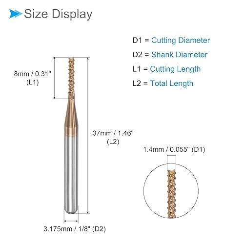 Miniatura 2 de CoCud Corn End Mills, 1.4mm Cutting Diameter 3.175mm 18" Shank, Ti-Coated Solid Carbide CNC Router Bits Milling Tools - (Applications for PCB Wood