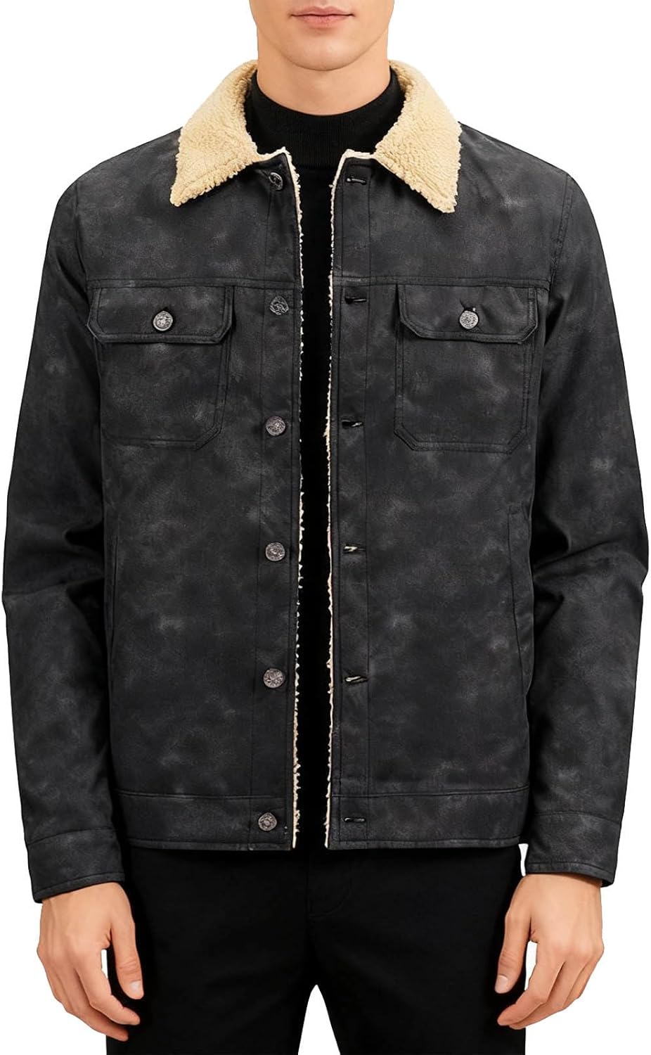 Warm Soft Jacket for Men Classic Long Sleeve Button Down Coats Sherpa Lined Fall Winter Outfits with Pockets